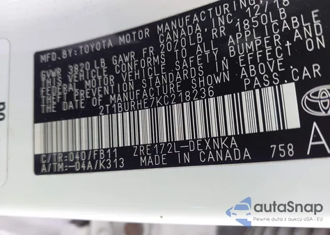 2019 Toyota Corolla Le из США, поврежденный, VIN 2T1BURHE7KC218236